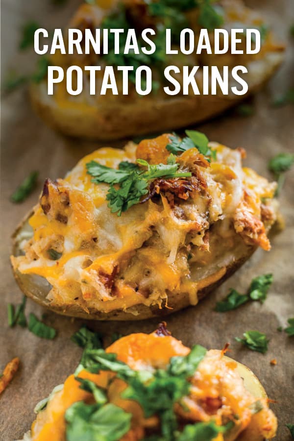 Slow Cooked Carnitas Loaded Potato Skins