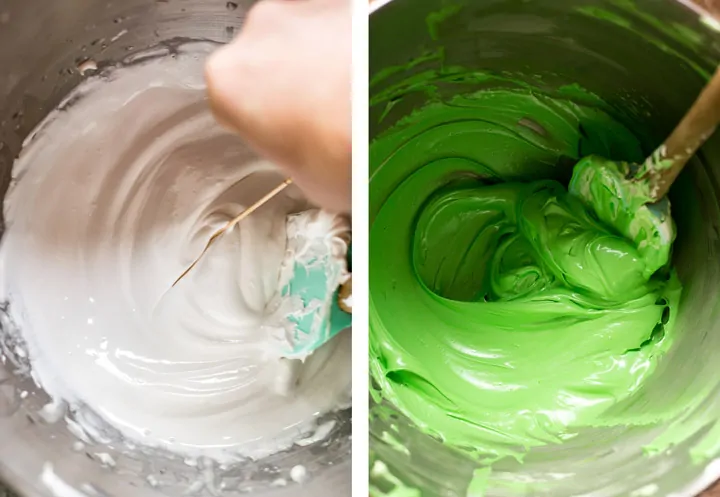 Testing thickness of royal icing with toothpick next to image of mixing green royal icing