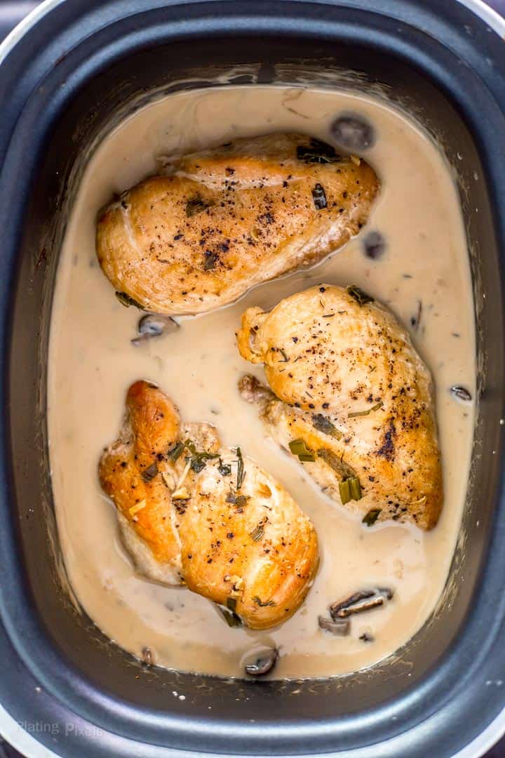 3 cooked turkey breasts in slow cooker with marsala sauce