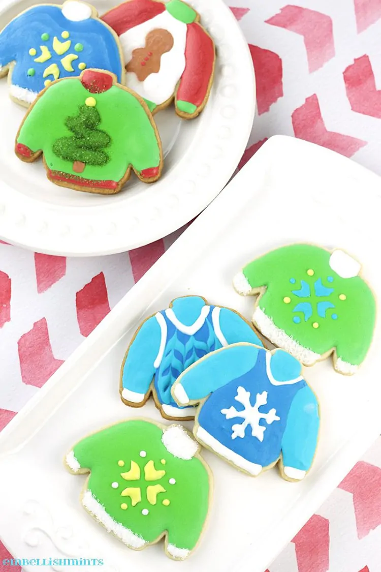 Ugly Christmas Sweater Cookies on a white plate
