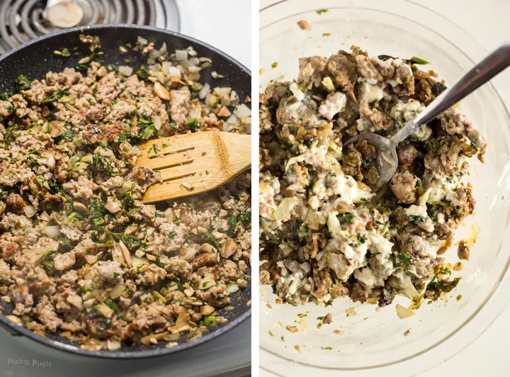 Two images showing process shot of cooking filling and mixing together to make Italian Sausage Stuffed Mushrooms 