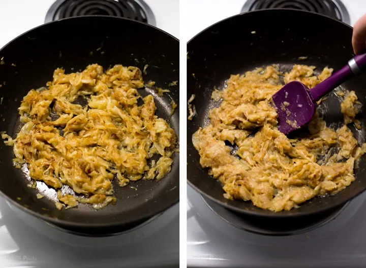 Two images showing last part of caramelizing onions in a pan to make French Onion Soup 