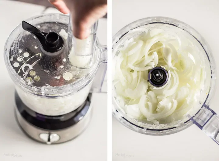 Two images showing process of slicing onions in a food processor to make French Onion Soup 