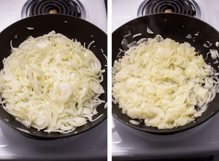 Two images showing first part of caramelizing onions in a pan to make French Onion Soup 