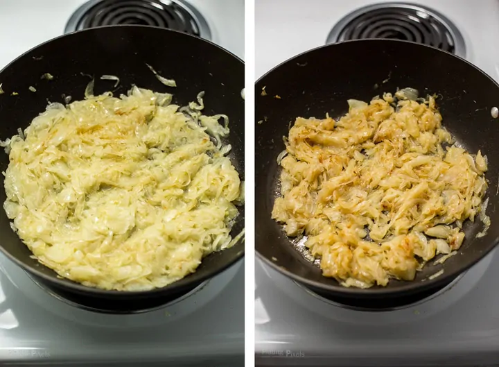 Two images showing middle part of caramelizing onions in a pan to make French Onion Soup 
