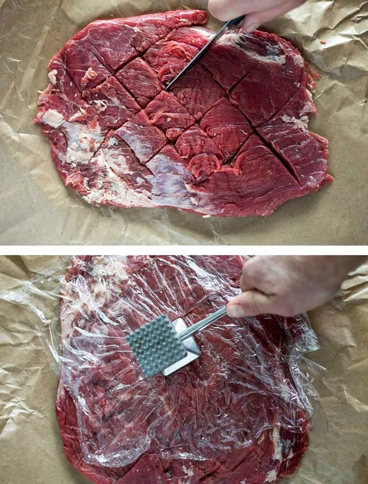 Two images - scoring flank steak with knife and hand tenderizing flank steak with a meat mallet