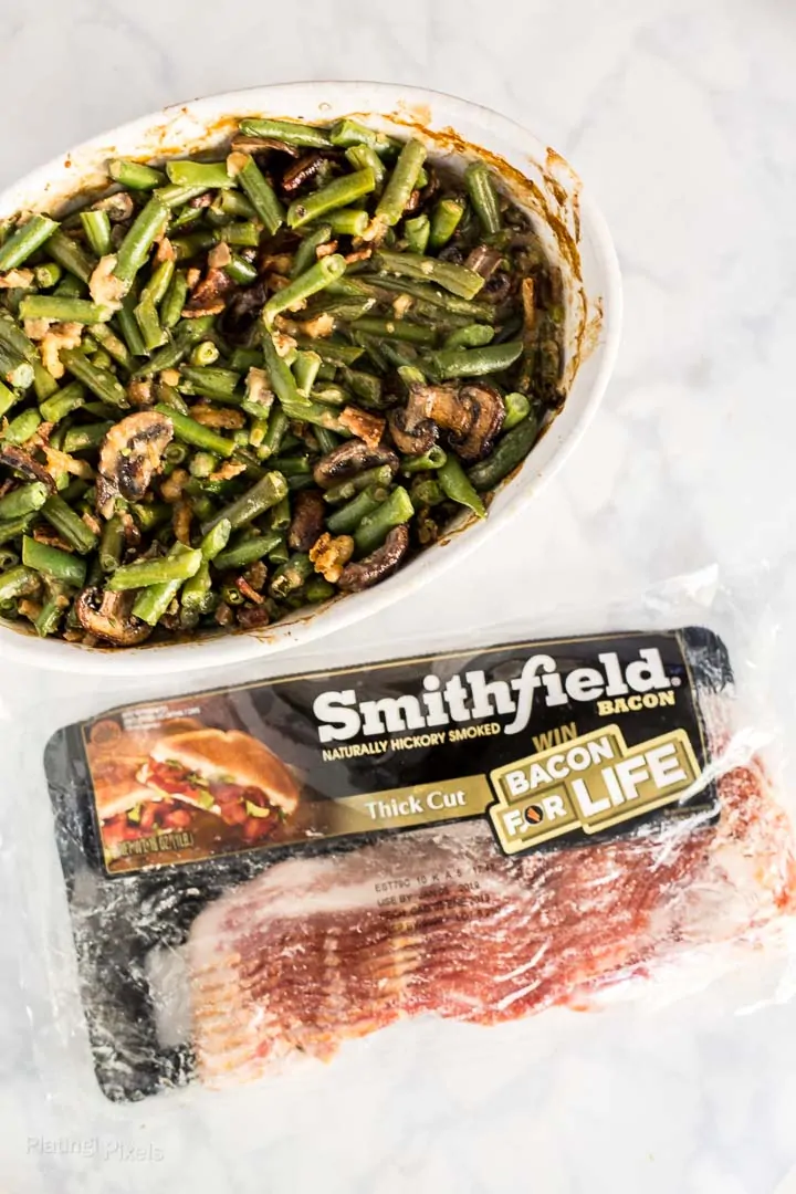 String Bean Casserole with Candied Bacon next to package of Smithfield bacon