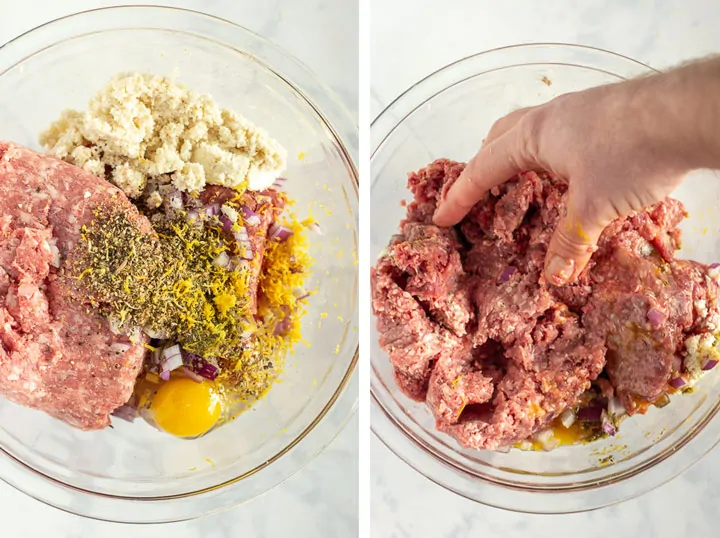 Process shot of two images showing ingredients in a bowl for Greek Baked Meatballs and hand mixing it together