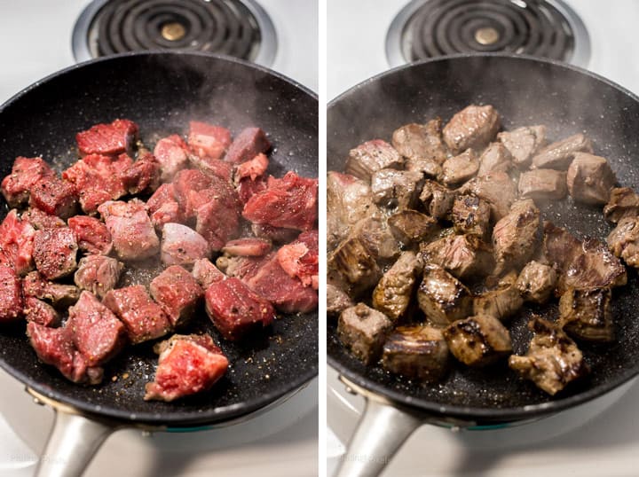 Process shot of two images - raw beef chuck pieces just added to a hot pan and another image of the meat pieces after being browned