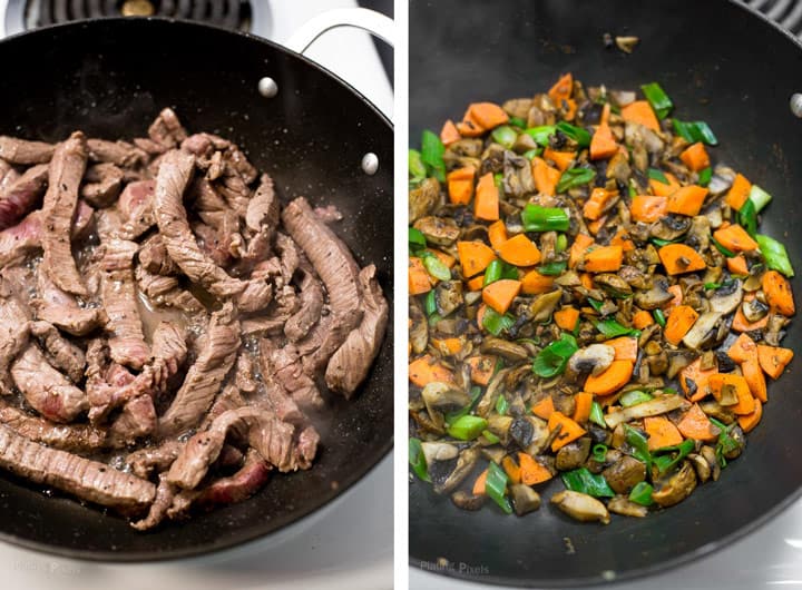 Two process shots of cooking beef and vegetables to make Keto Beef Fried Rice