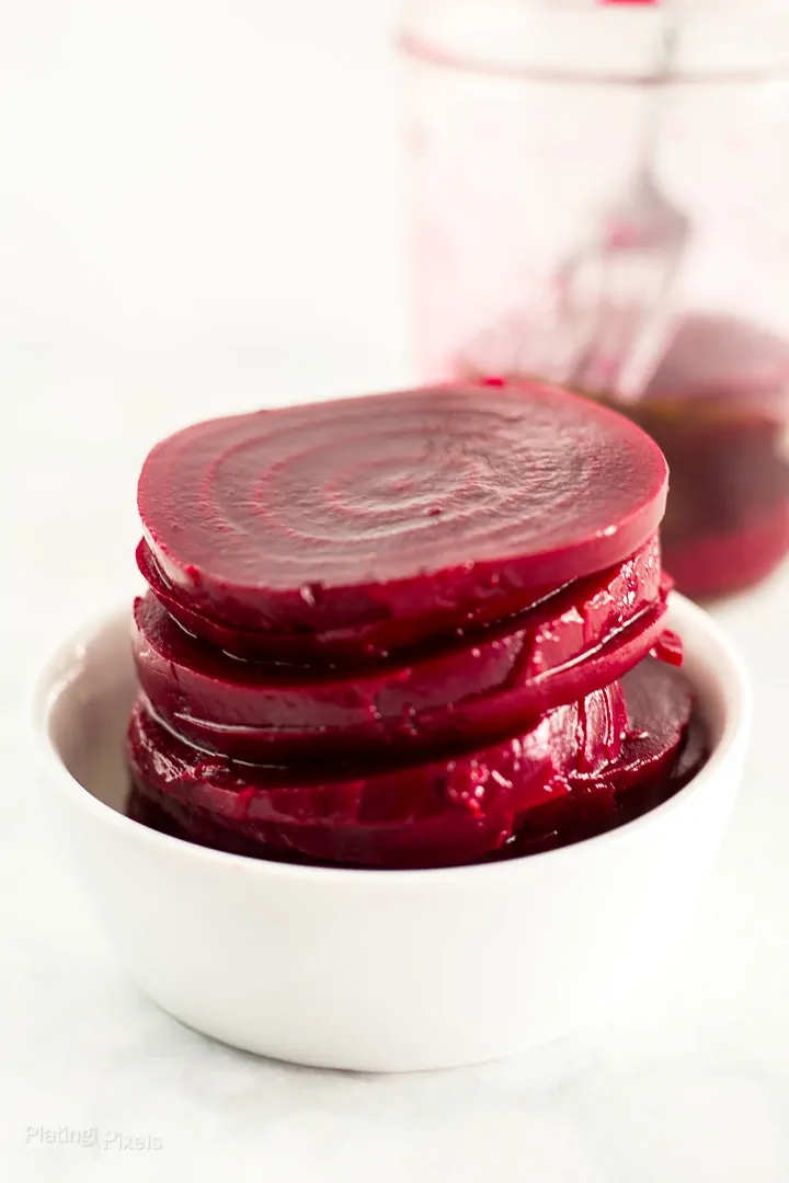 Stack of Refrigerator Pickled Beets in a dish ready to eat