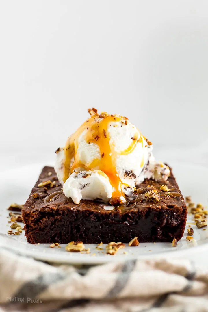 Close up of prepared Homemade Brownie Sundae with Caramel Sauce