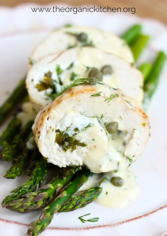 Close up of sliced Spinach and Goat Cheese Stuffed Chicken