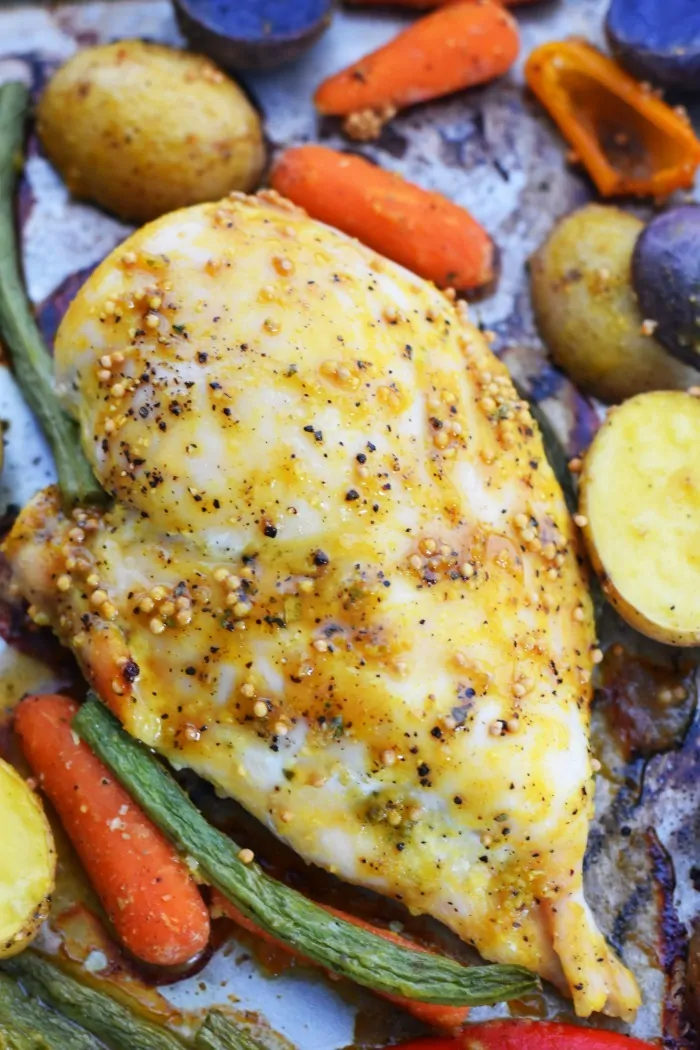 Honey Mustard Chicken and vegetables on a sheet pan