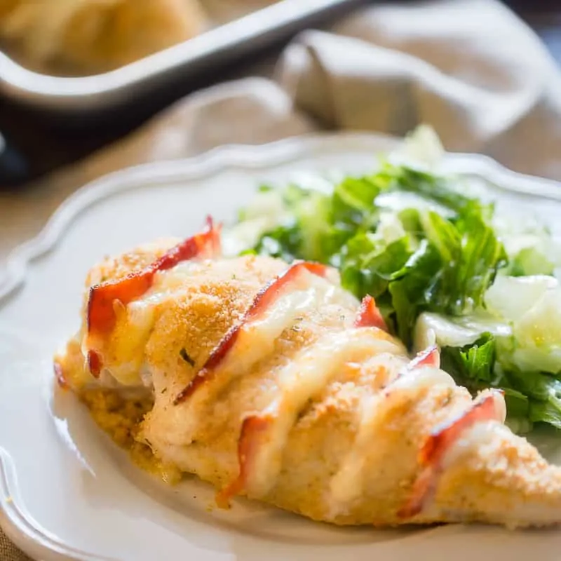 Baked chicken cordon bleu on a plate