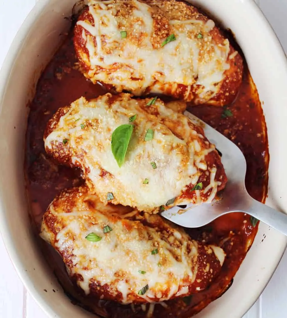 Keto Baked Parmesan Crusted Chicken in a casserole dish