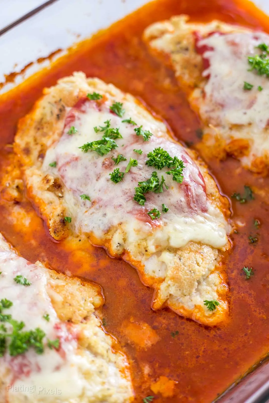 Close up shot of Baked Chicken Parmesan