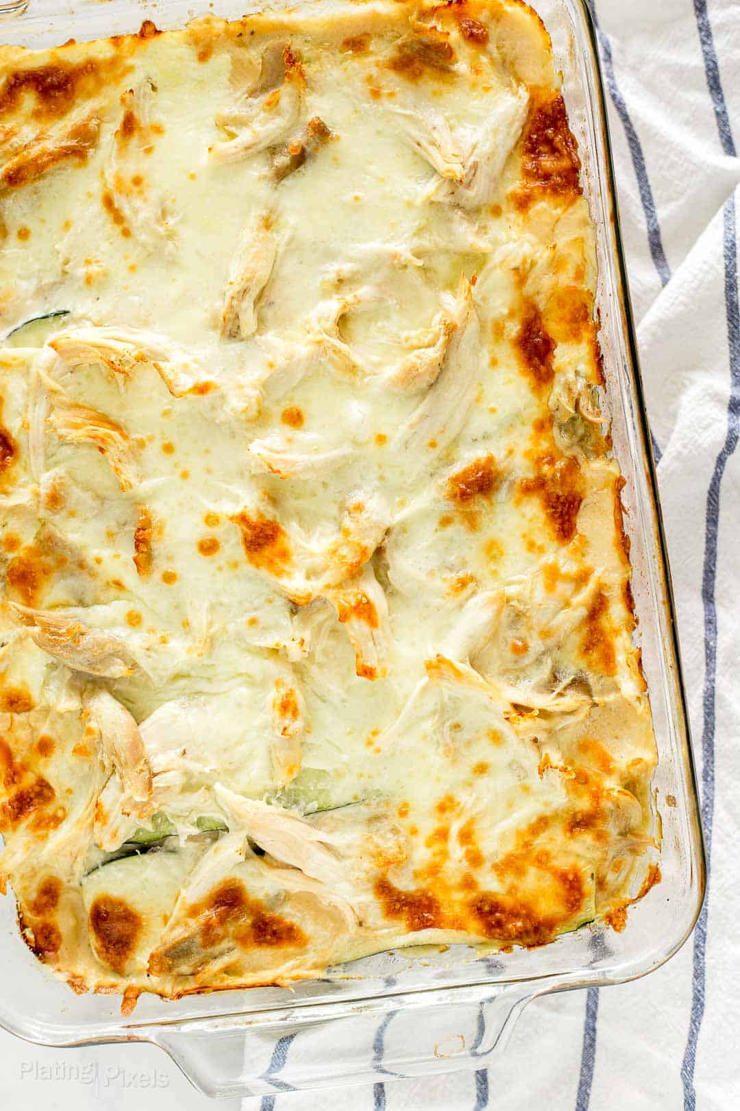 Overhead shot of a just baked White Sauce Zucchini Lasagna with Chicken