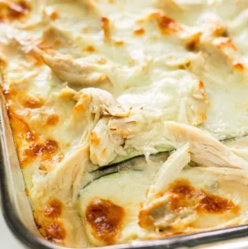 Close up of a just baked White Sauce Zucchini Lasagna with Chicken