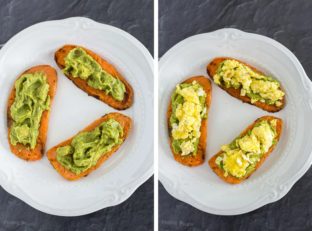 Sweet potato toasts with avocado with another photo of scrambled eggs added