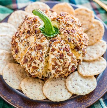 Close up of a Pumpkin Cheese Ball paired with crackers