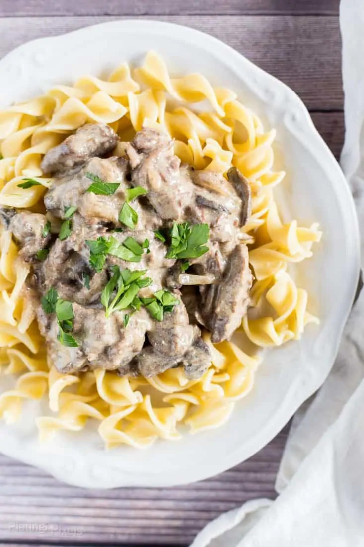 Slow Cooker Beef Stroganoff on a white plate