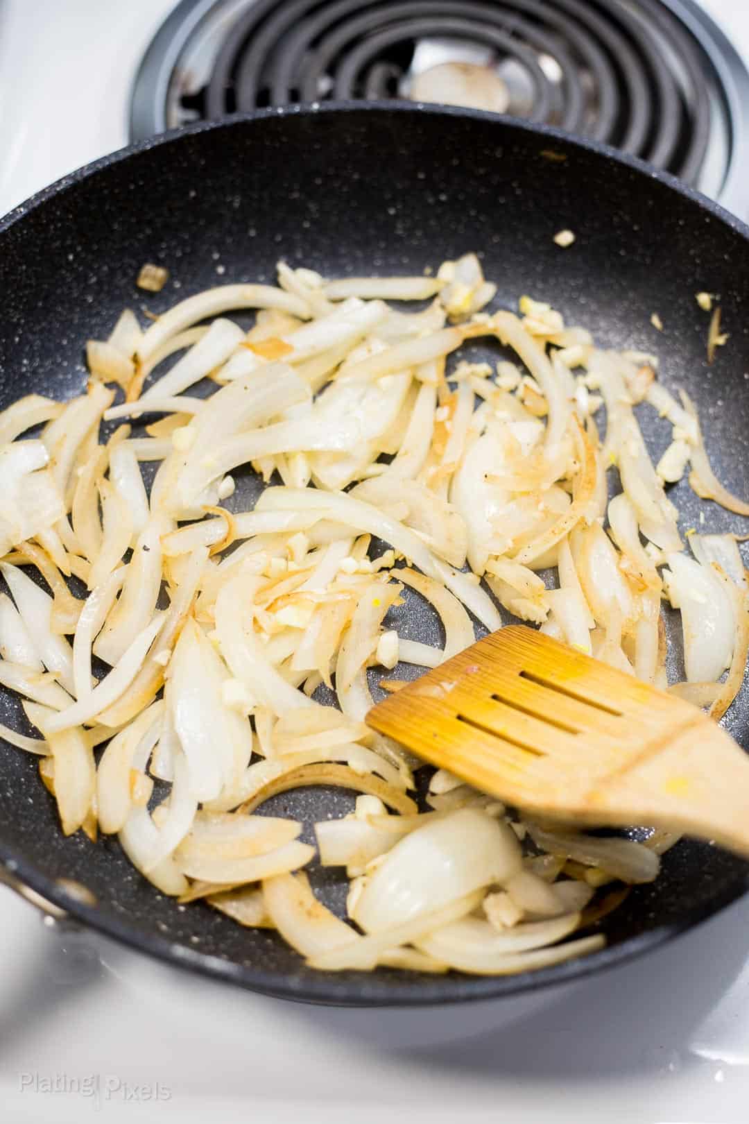 Process shot of sauteing onions