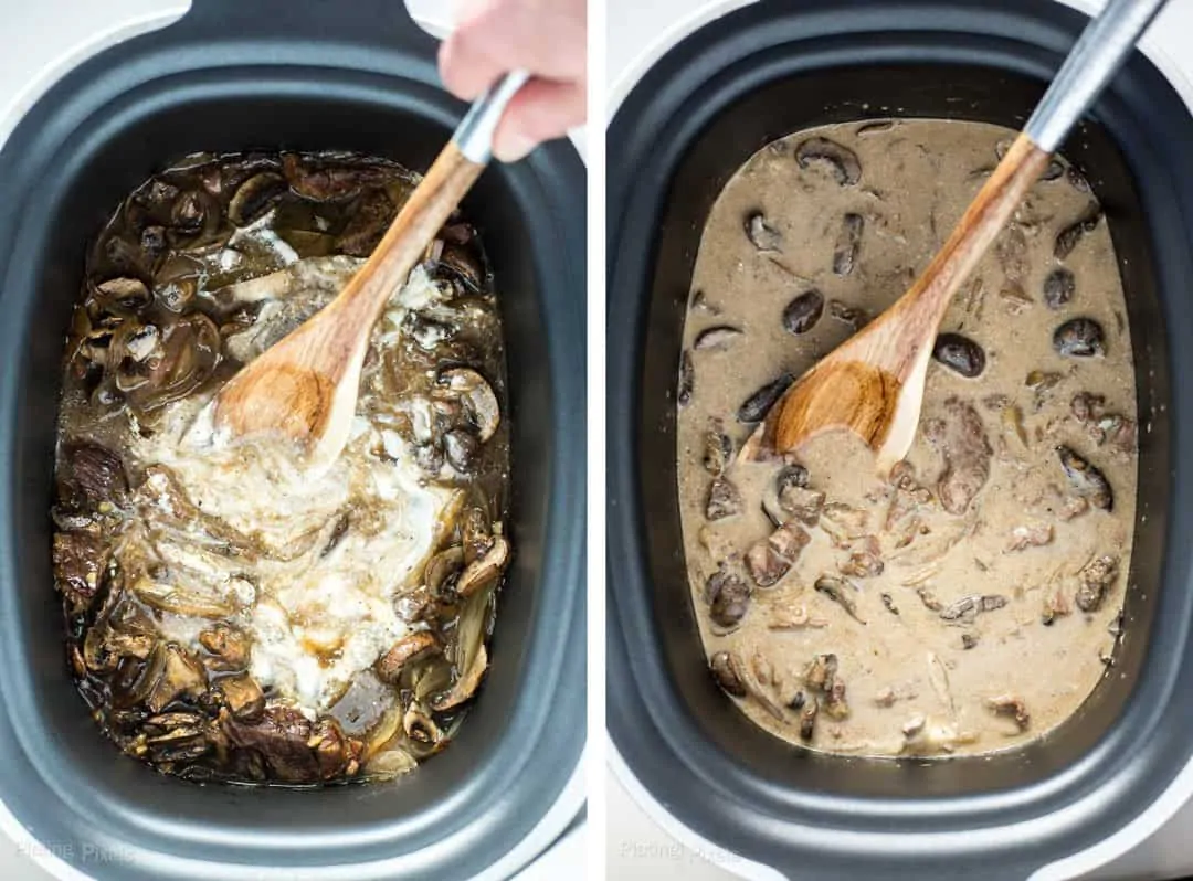 Two images showing adding sour cream and stirring sauce for beef stroganoff