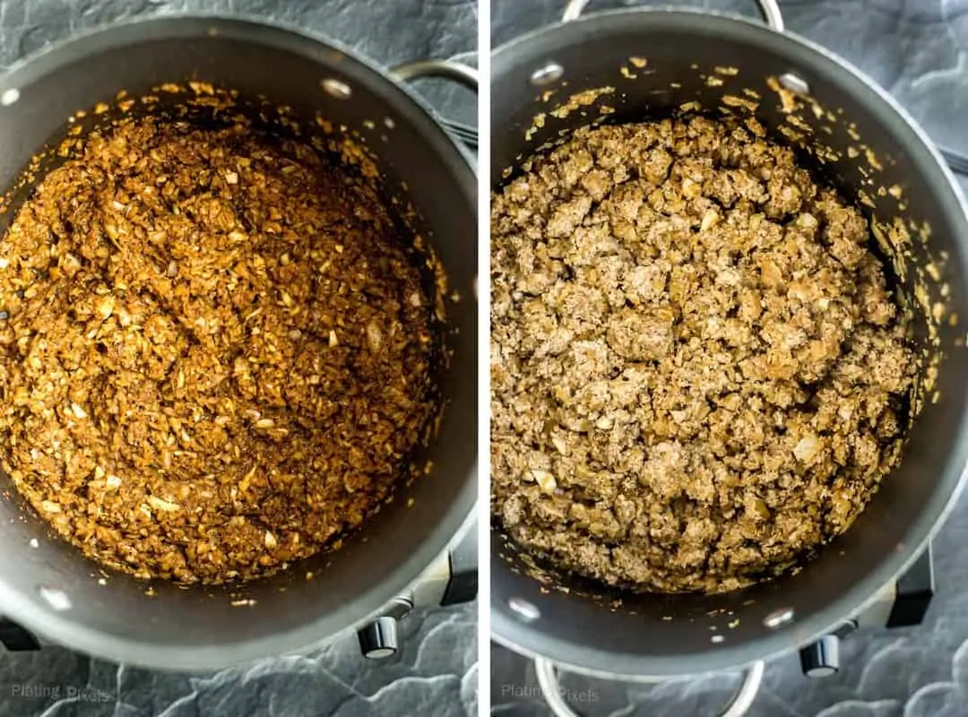Two process shots showing adding turkey chili ingredients and cooking in a pot