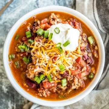 Overhead shot of Healthy Turkey Chili on a bowl