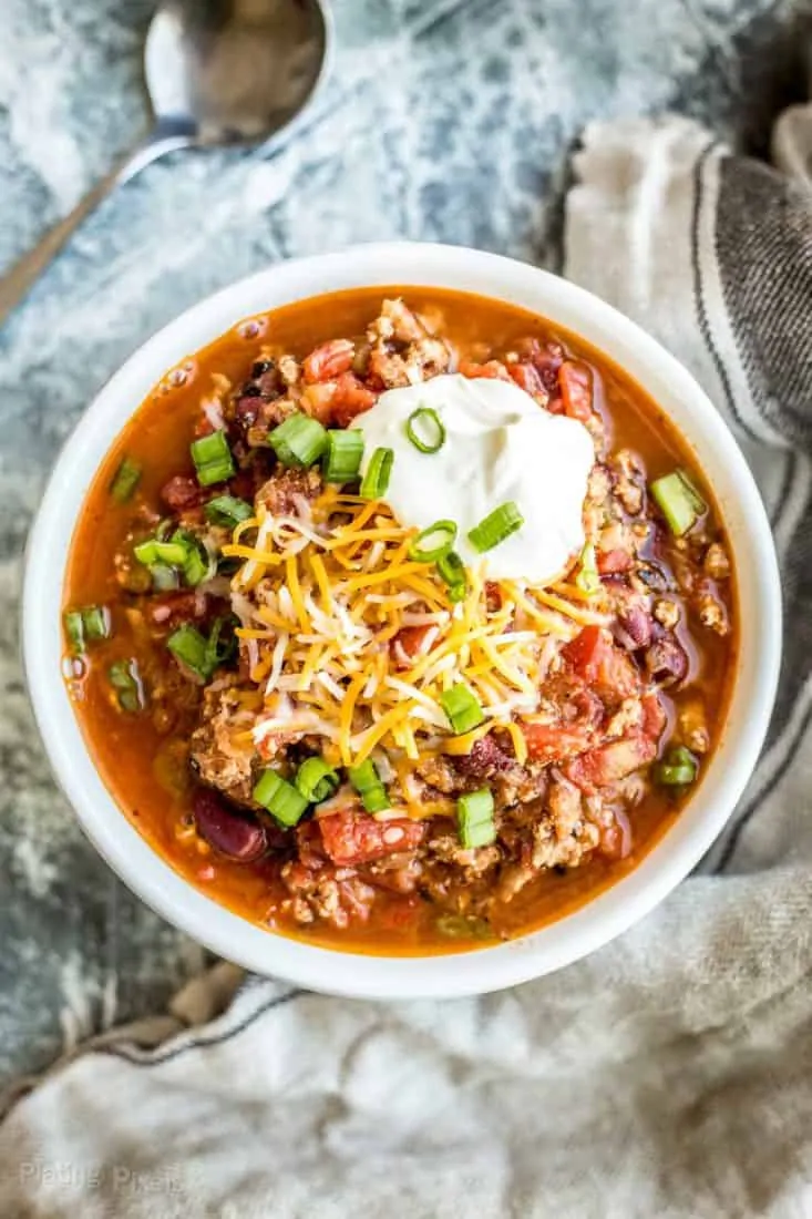 Overhead shot of Healthy Turkey Chili on a bowl