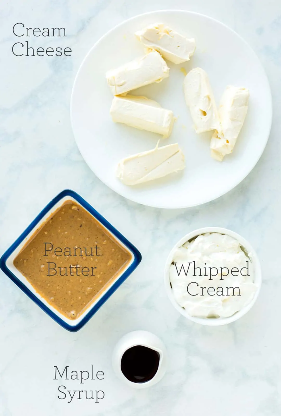 Ingredients to make Peanut Butter Dip with text overlay on each item