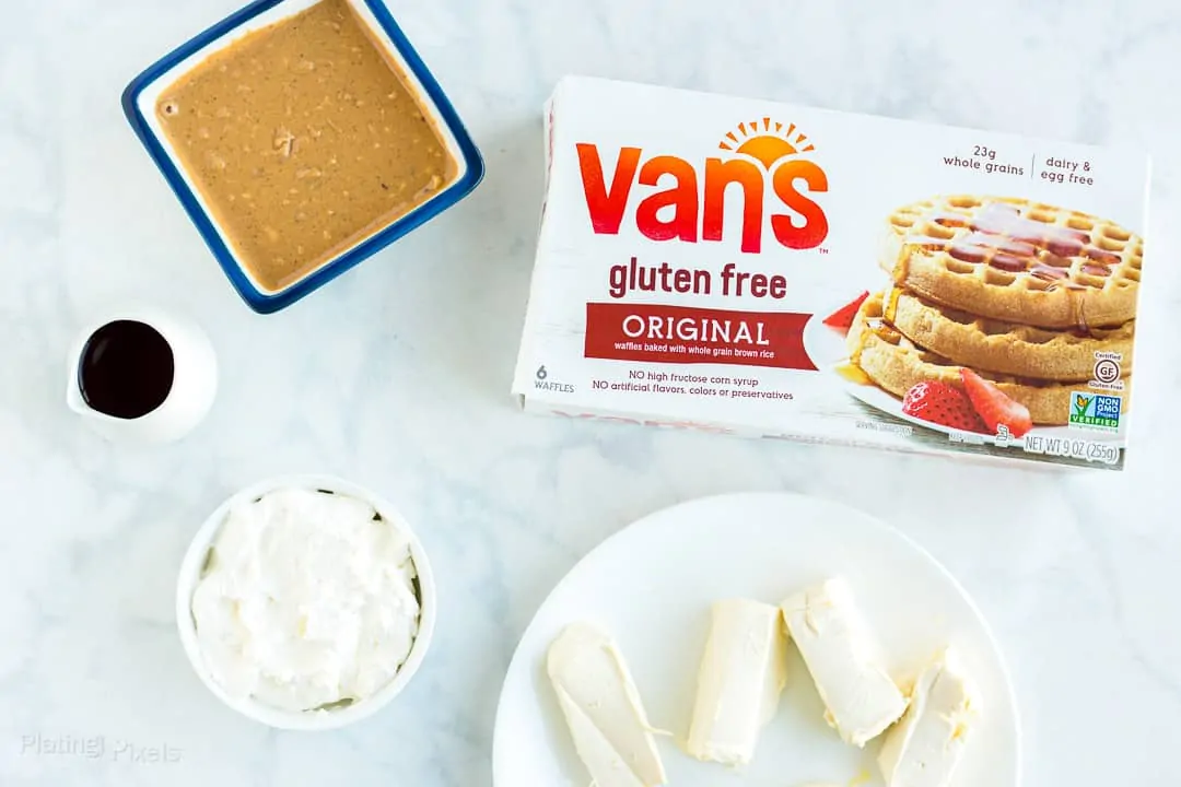 Ingredients to make peanut butter dip next to package of Vans Waffles