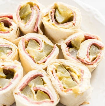 Close up of Salmi Pinwheels on a white plate