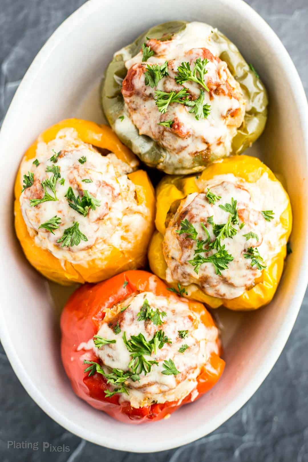 Four Turkey Stuffed Bell Peppers recipe in a serving dish