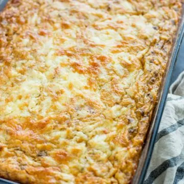 Close up of Hash Brown Breakfast Casserole in a baking dish