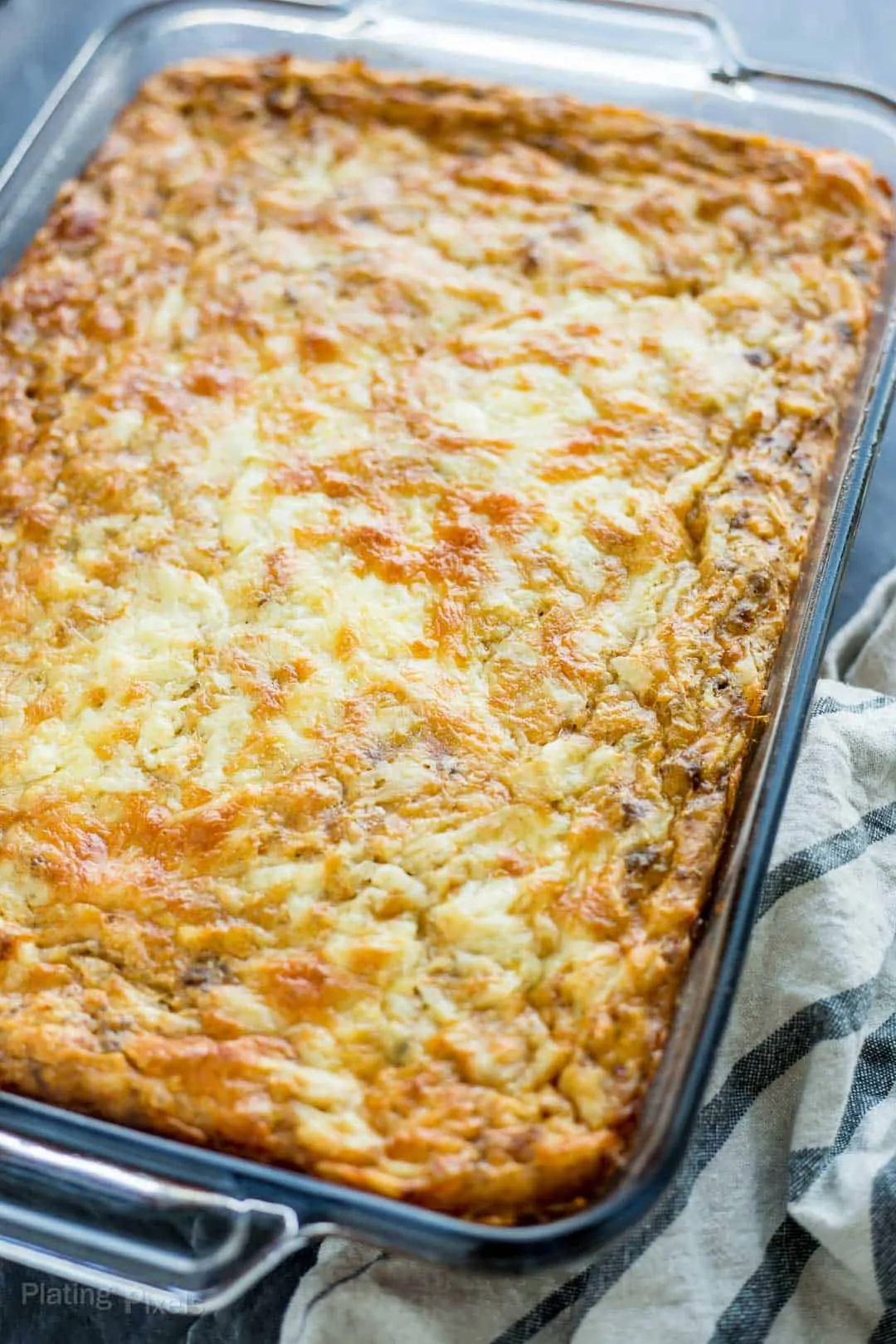 Close up of Hash Brown Breakfast Casserole in a baking dish