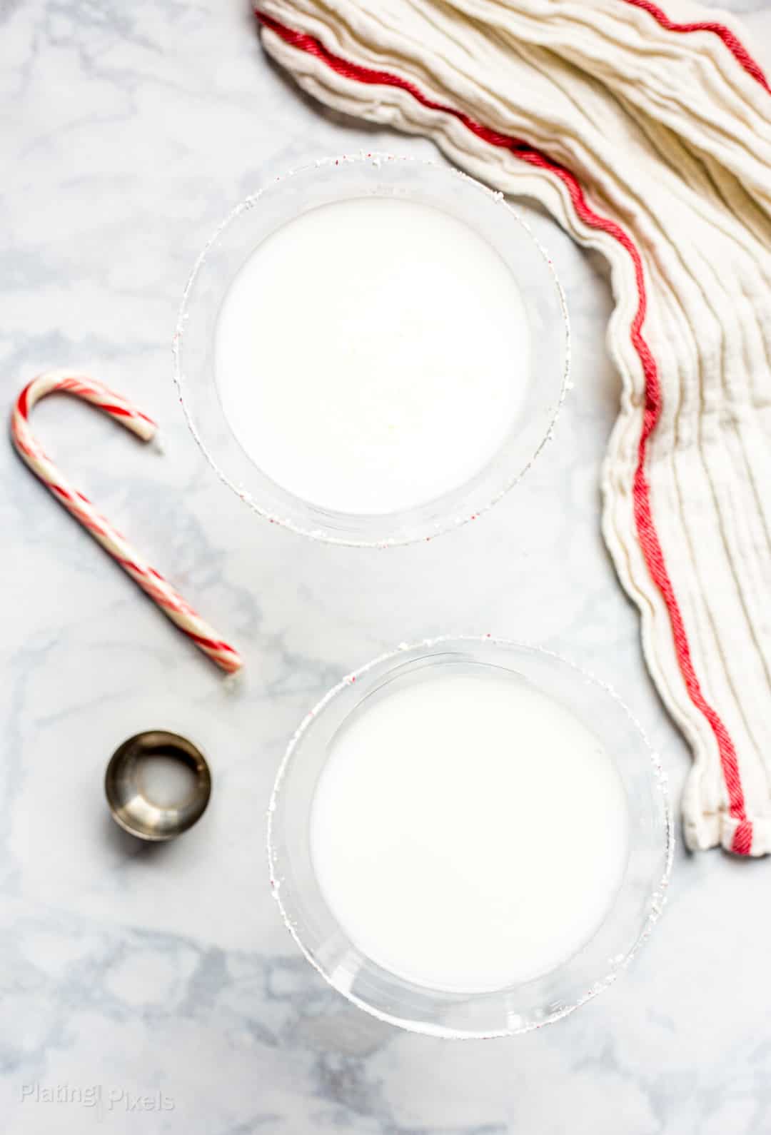 Overhead shot of two White Chocolate Peppermint Martinis
