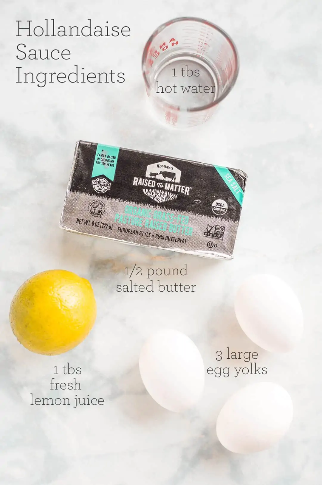 Ingredient for Hollandaise Sauce on a counter with text overlay for amounts required of each ingredient