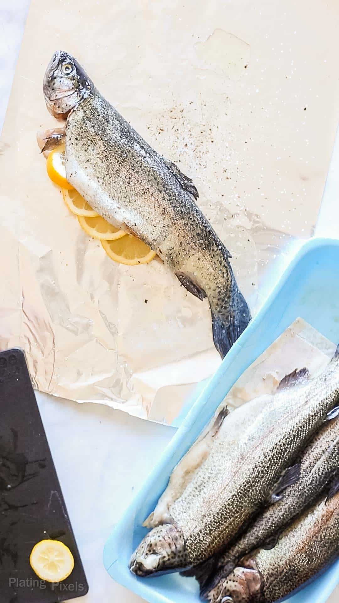 Uncooked whole trouts on a counter ready to prepare