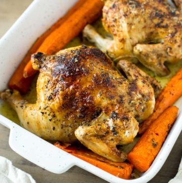 Close up of a Cornish Game Hen in a casserole dish