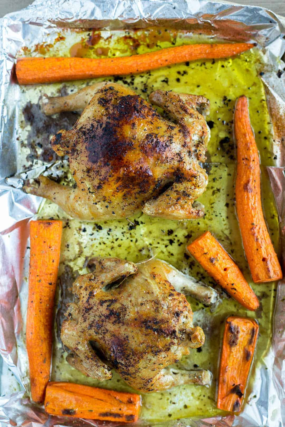 Just baked Cornish Hens on a baking sheet