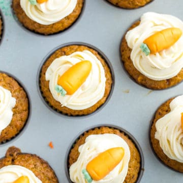 Decorated Carrot Cake Cupcakes in a cupcake pan
