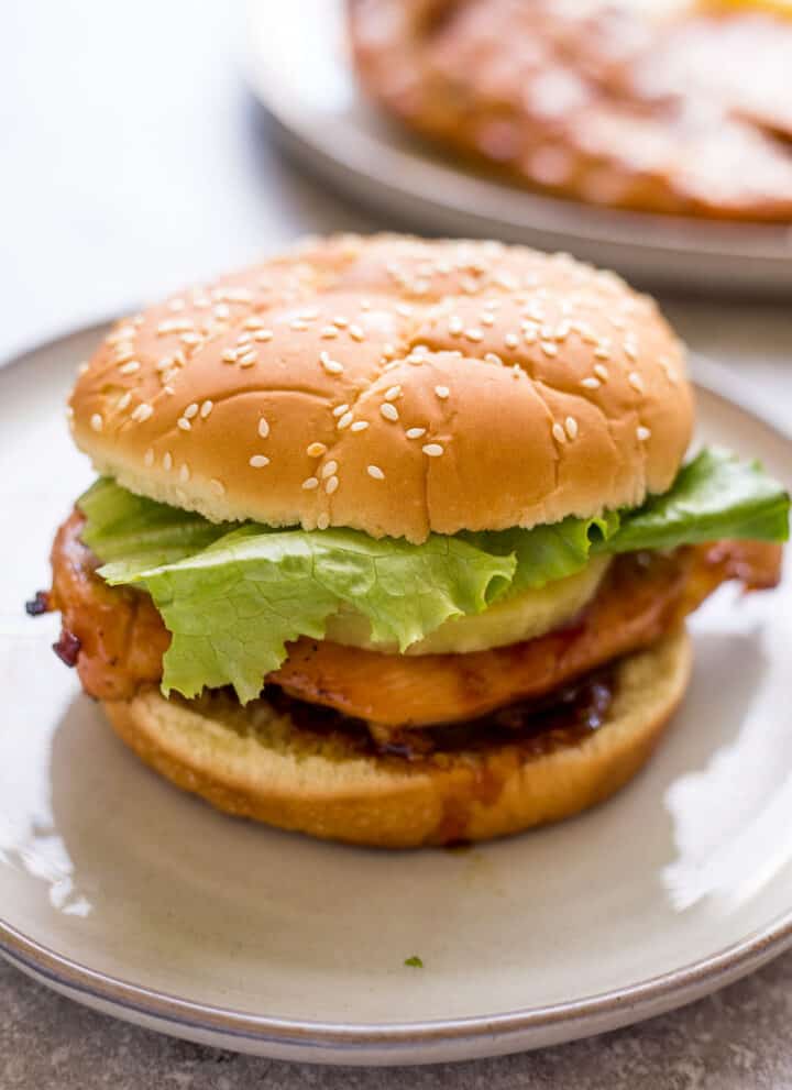 Close up of a Grilled Teriyaki Chicken Burgers prepared on a plate