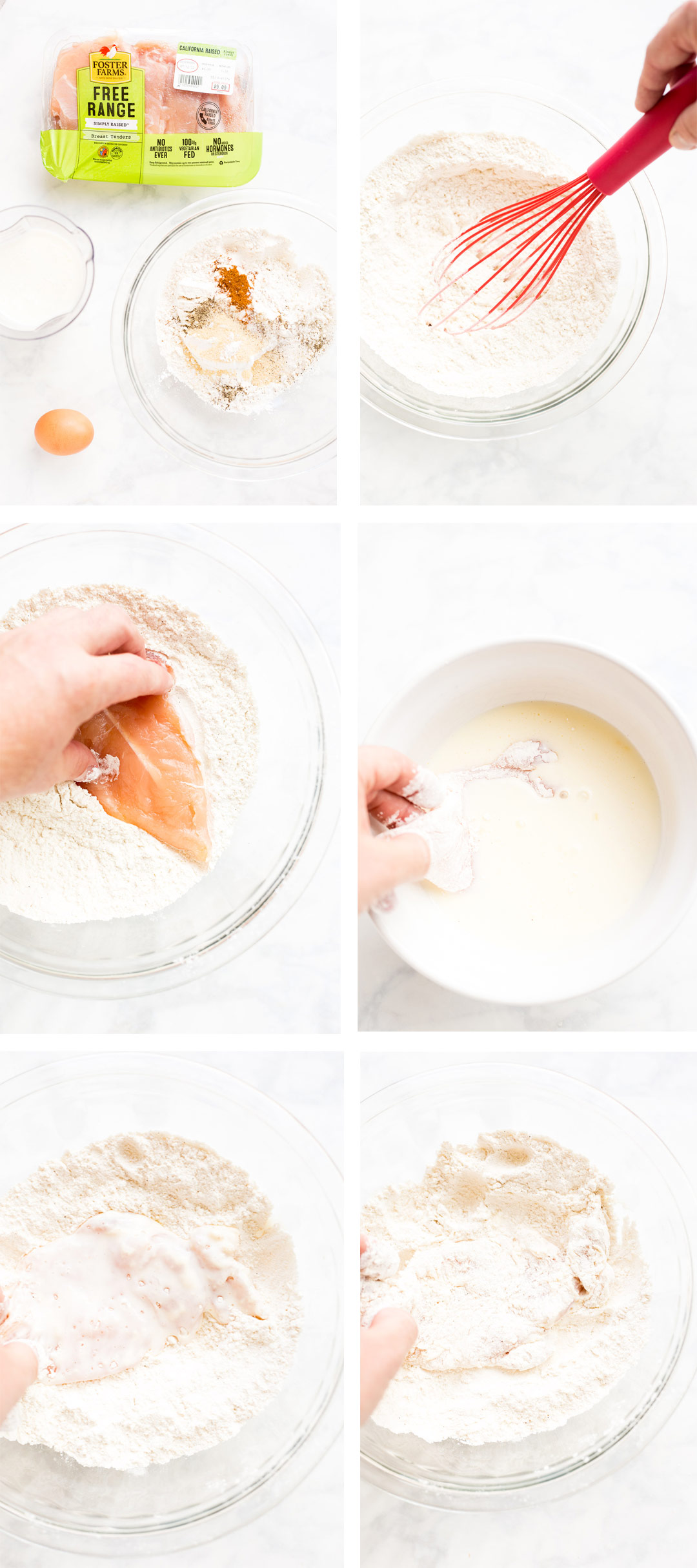 Collage of 6 images showing how to bread chicken in egg mixture and then in flour