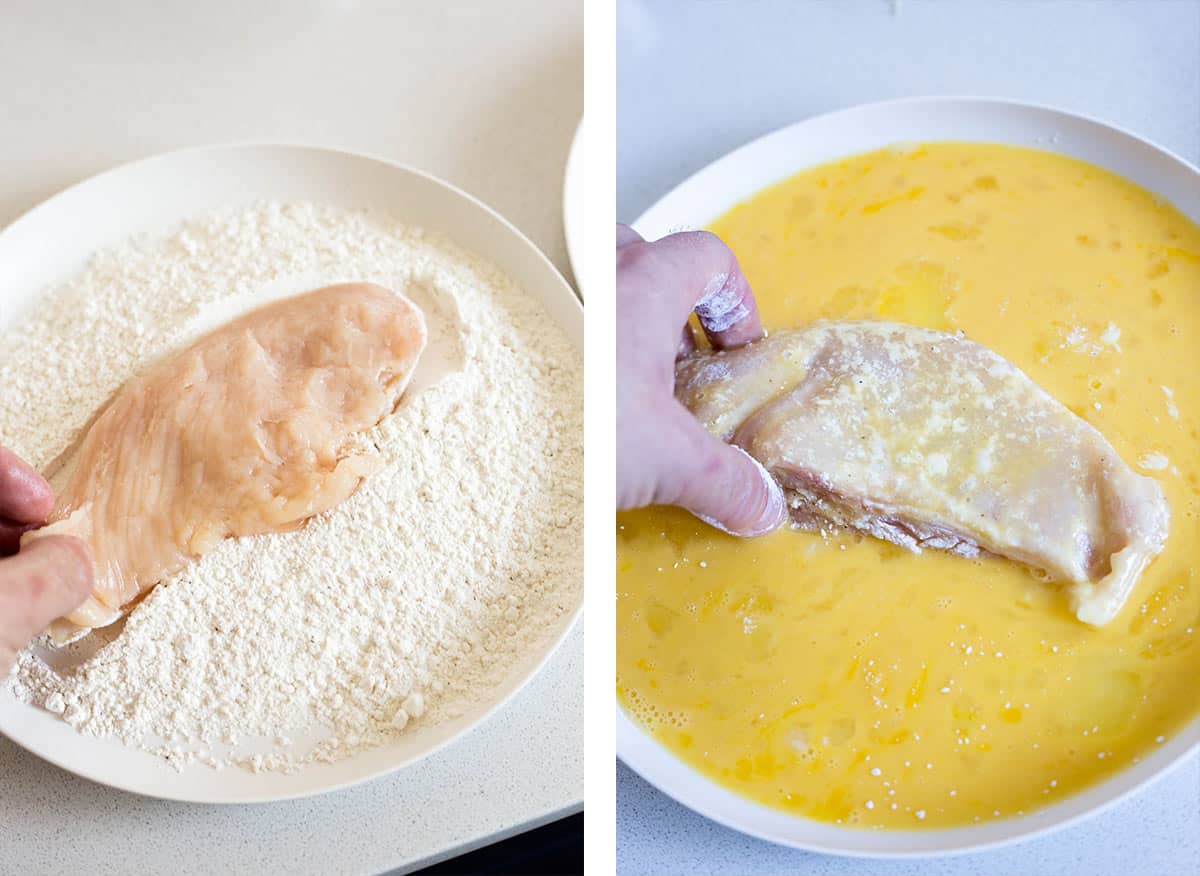 Two images showing the process of dipping chicken breasts in flour and egg for breading and frying