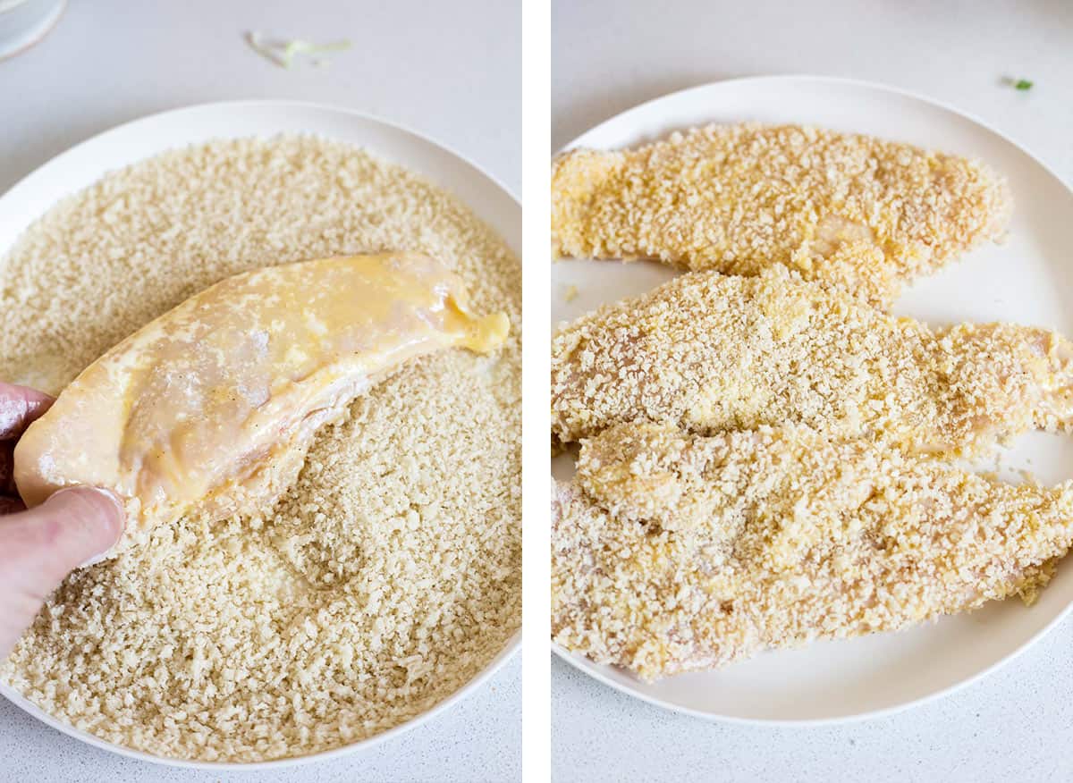 Two images showing the process of breading chicken breasts