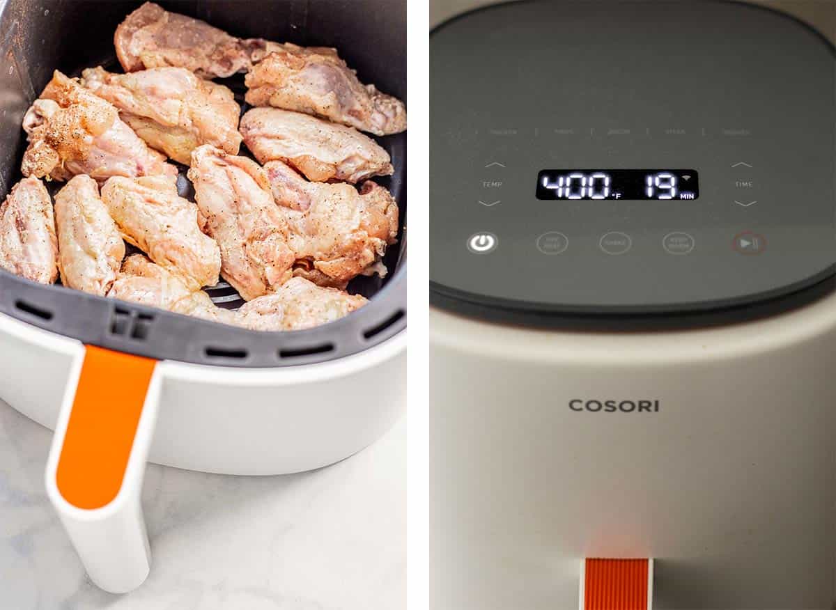 Side by side images showing adding wings to an air fryer and starting to cook