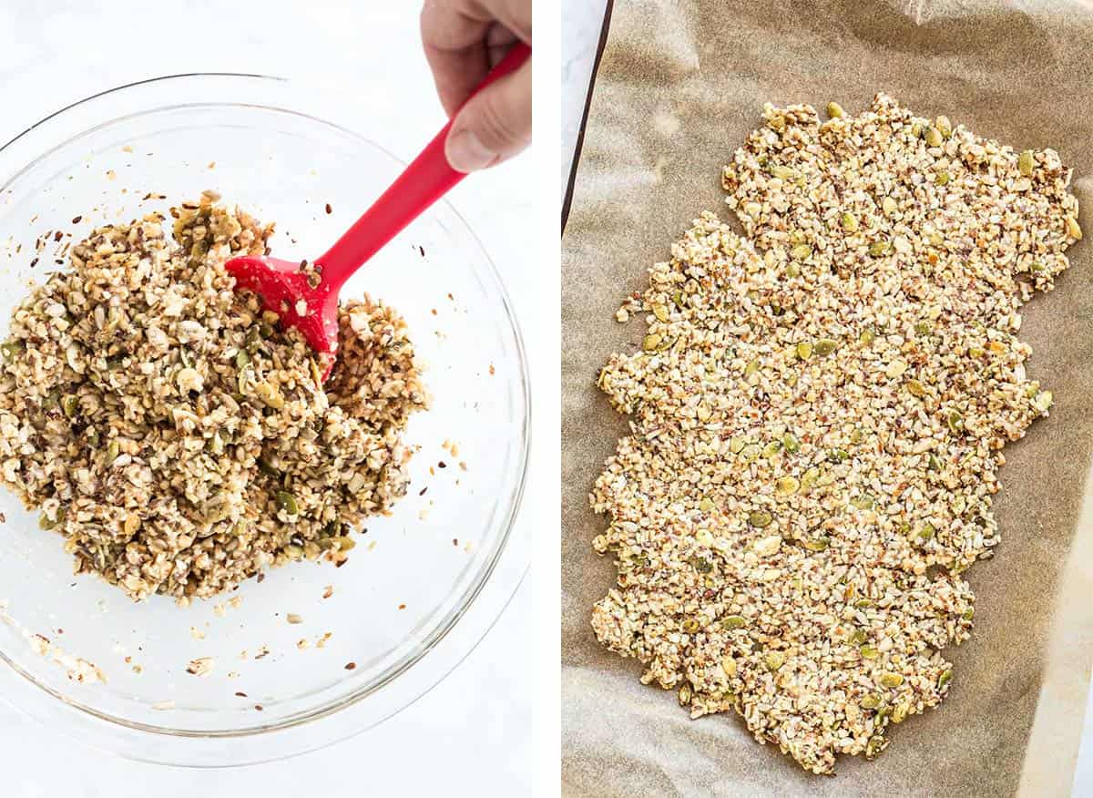 Side by side photos showing mixing and preparing Keto Granola