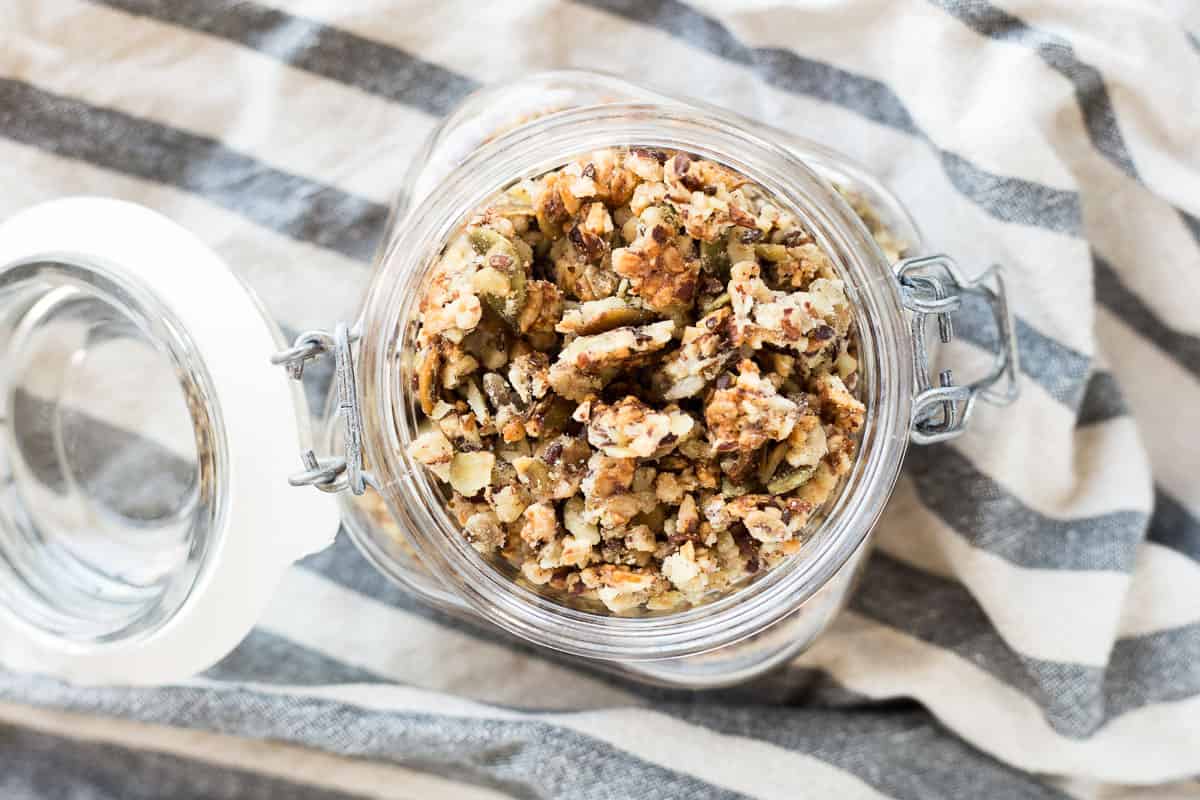 Prepared Keto Granola in a mason jar